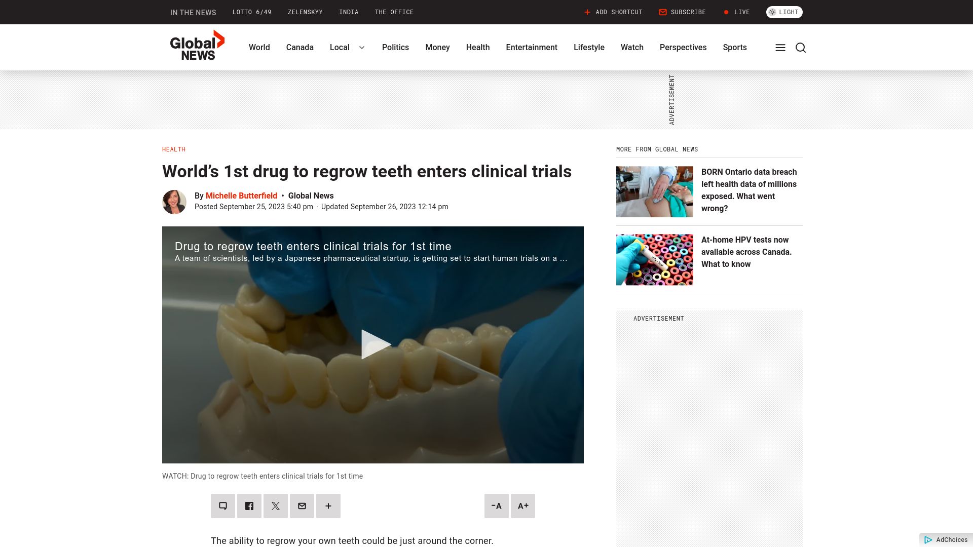 Screenshot of globalnews.ca: World’s first drug to regrow teeth enters clinical trials