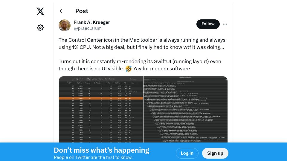 Screenshot of twitter.com: Control Center on macOS is always re-rendering its SwiftUI causing 1% CPU load