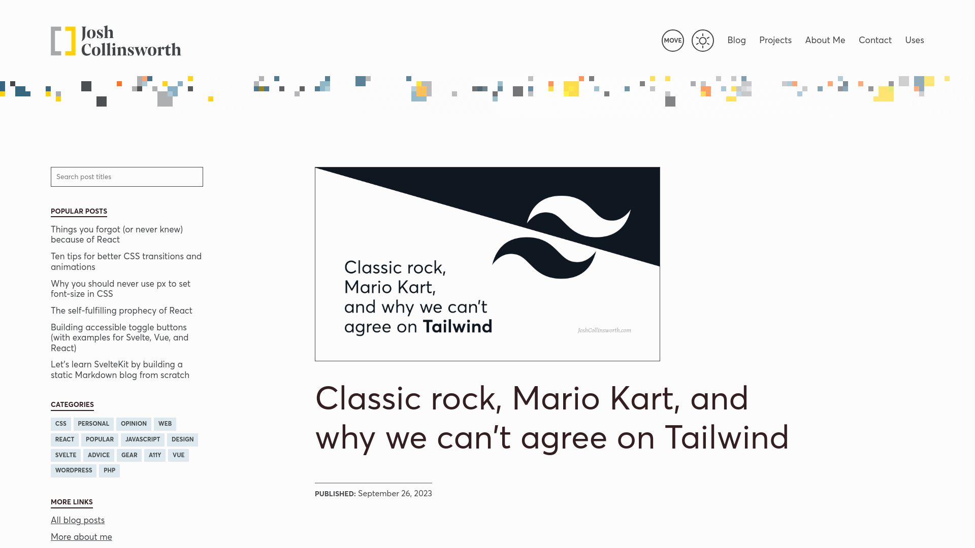 Screenshot of joshcollinsworth.com: Classic rock, Mario Kart, and why we can’t agree on Tailwind