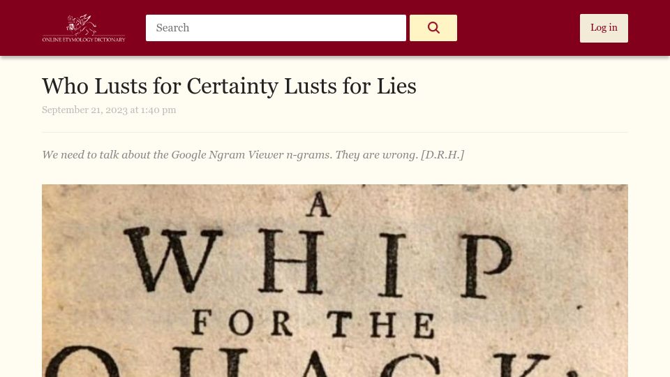 Screenshot of etymonline.com: Who lusts for certainty lusts for lies