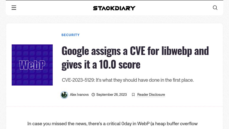 Screenshot of stackdiary.com: Google assigns a CVE for libwebp and gives it a 10.0 score