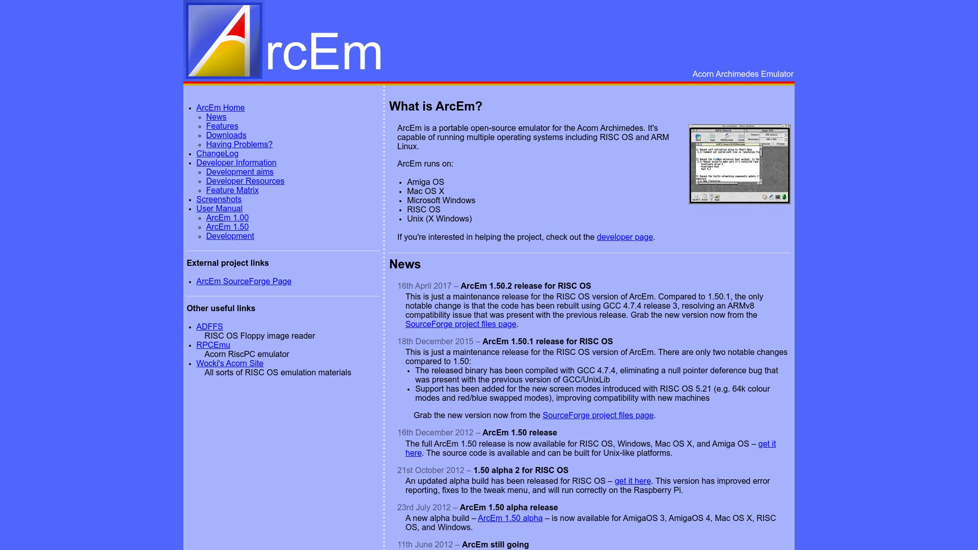 Screenshot of arcem.sourceforge.net: ArcEm – The Acorn Archimedes Emulator