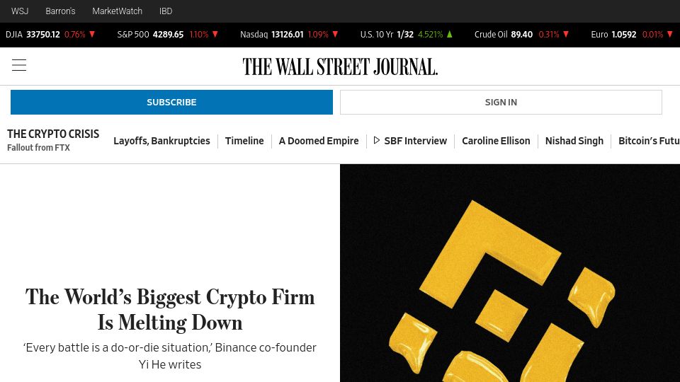 Screenshot of wsj.com: Binance is under threat