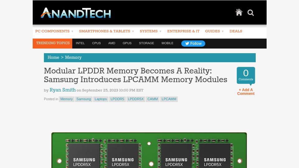 Screenshot of anandtech.com: Modular Lpddr Memory Becomes a Reality: Samsung Introduces Lpcamm Memory Modules