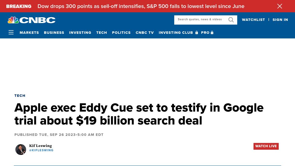 Screenshot of cnbc.com: Apple exec Eddy Cue set to testify in Google trial about $19B search deal