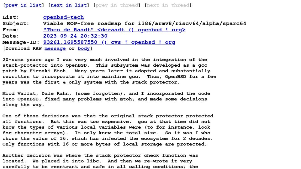 Screenshot of marc.info: Viable ROP-free roadmap for i386/armv8/riscv64/alpha/sparc64