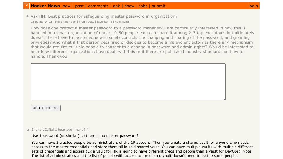 Screenshot of Hacker News post: Ask HN: Best practices for safeguarding master password in organization?