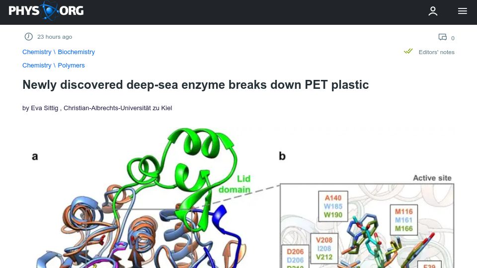 Screenshot of phys.org: Newly discovered deep-sea enzyme breaks down PET plastic