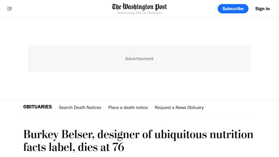 Screenshot of washingtonpost.com: Burkey Belser, designer of the nutrition facts label, has died