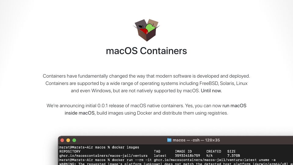 Screenshot of macoscontainers.org: macOS Containers v0.0.1