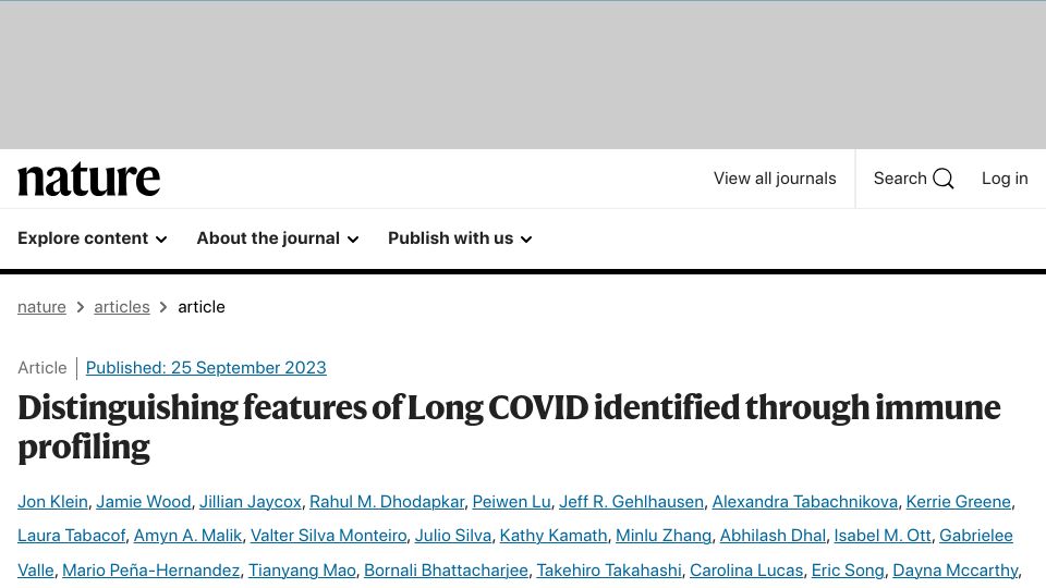 Screenshot of nature.com: Distinguishing features of Long Covid identified through immune profiling