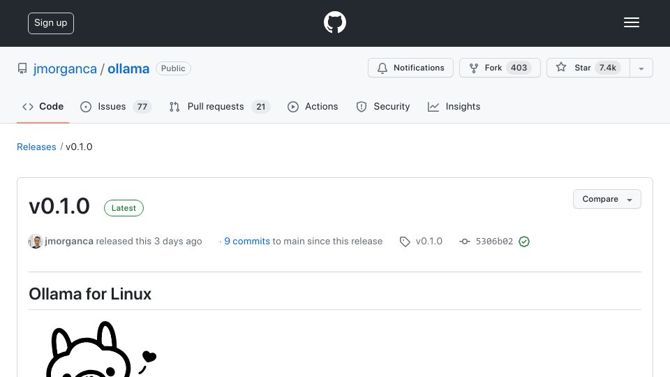 Screenshot of github.com: Ollama for Linux – Run LLMs on Linux with GPU Acceleration