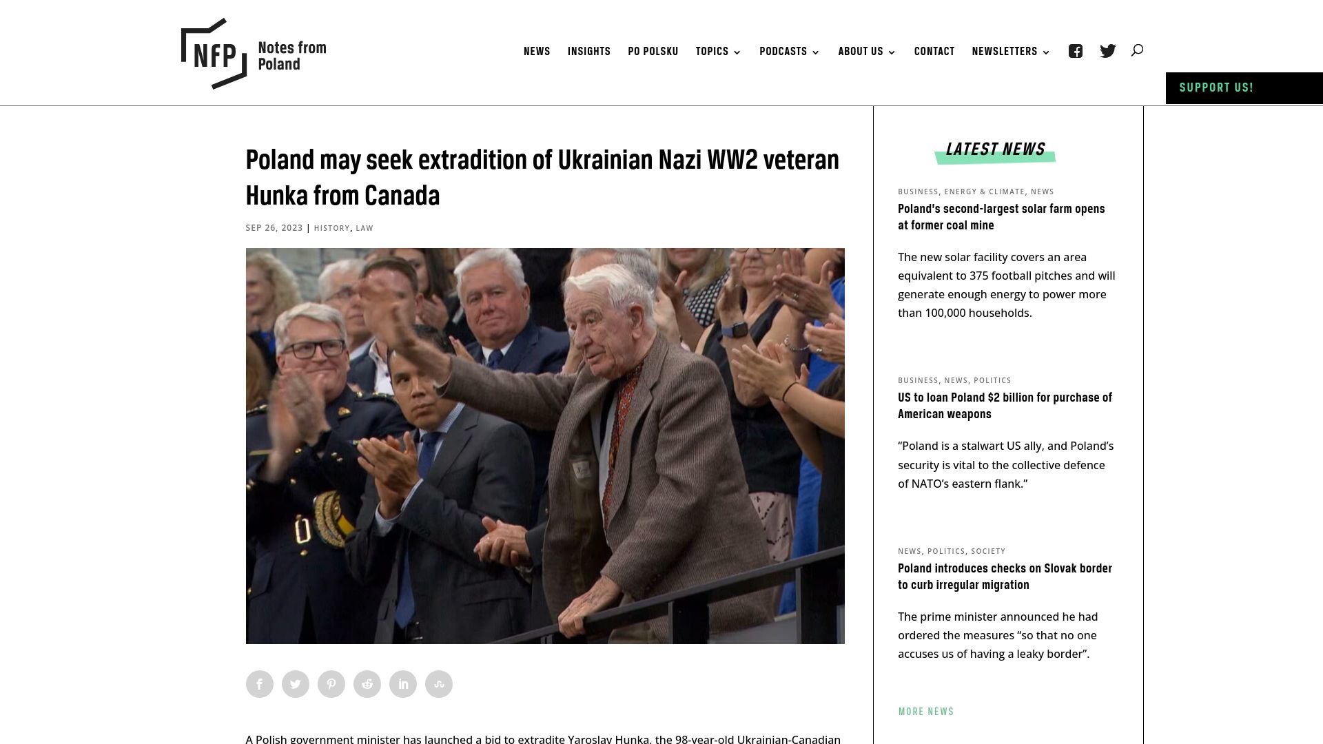 Screenshot of notesfrompoland.com: Poland may seek extradition of Ukrainian Nazi WW2 veteran Hunka from Canada