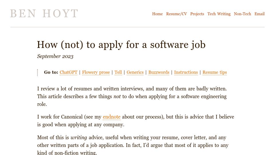 Screenshot of benhoyt.com: How (not) to apply for a software job