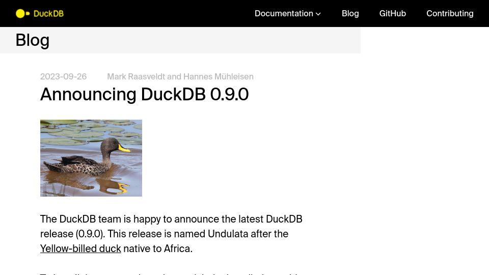 Screenshot of duckdb.org: DuckDB 0.9.0