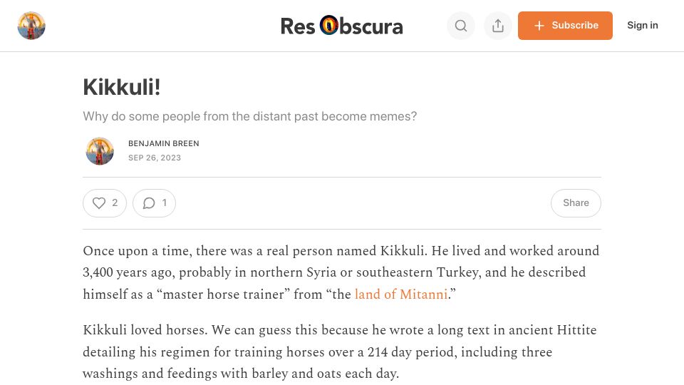 Screenshot of resobscura.substack.com: Kikkuli: Why do some people from the distant past become memes?
