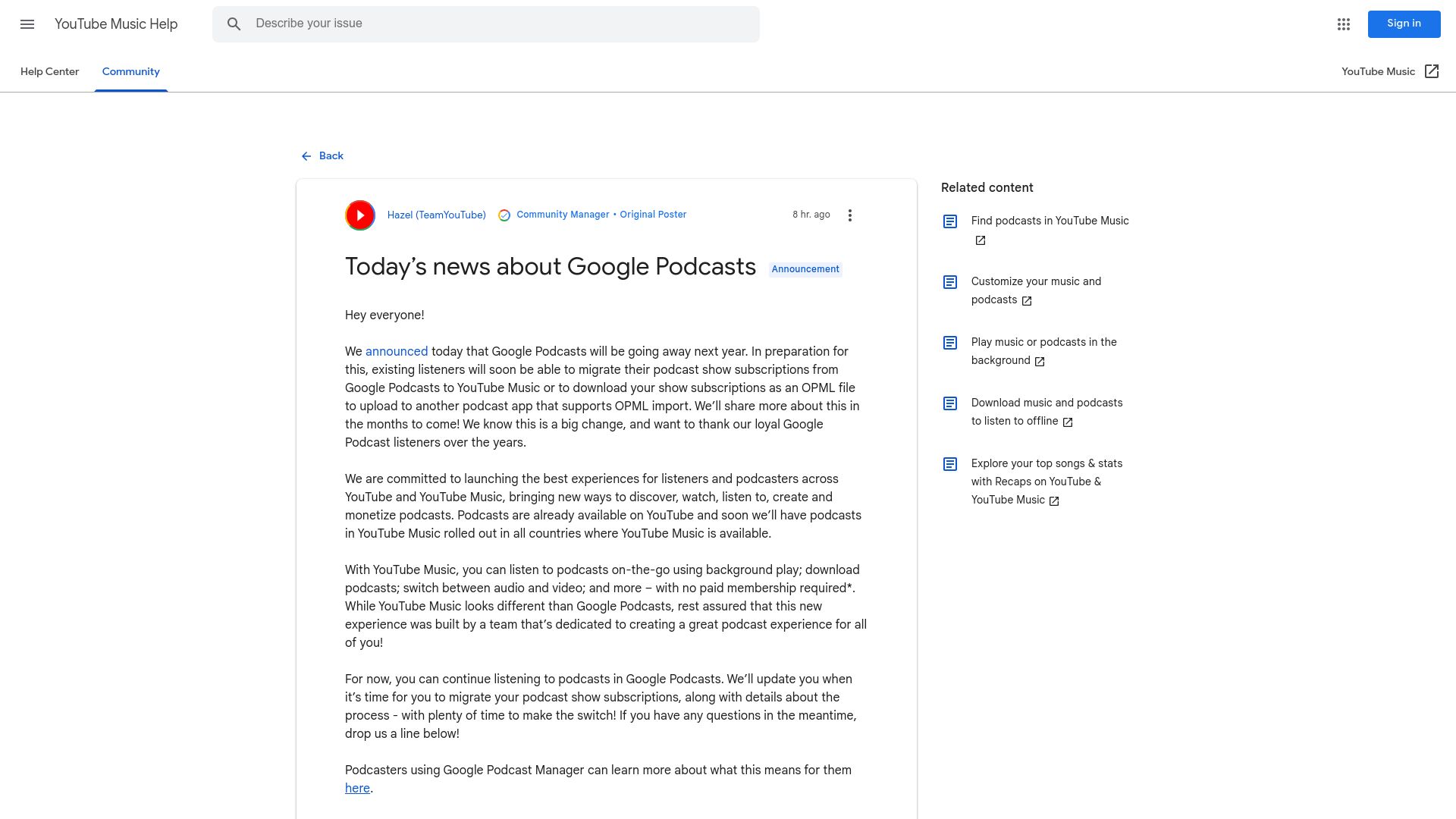 Screenshot of support.google.com: Google Podcasts is going away
