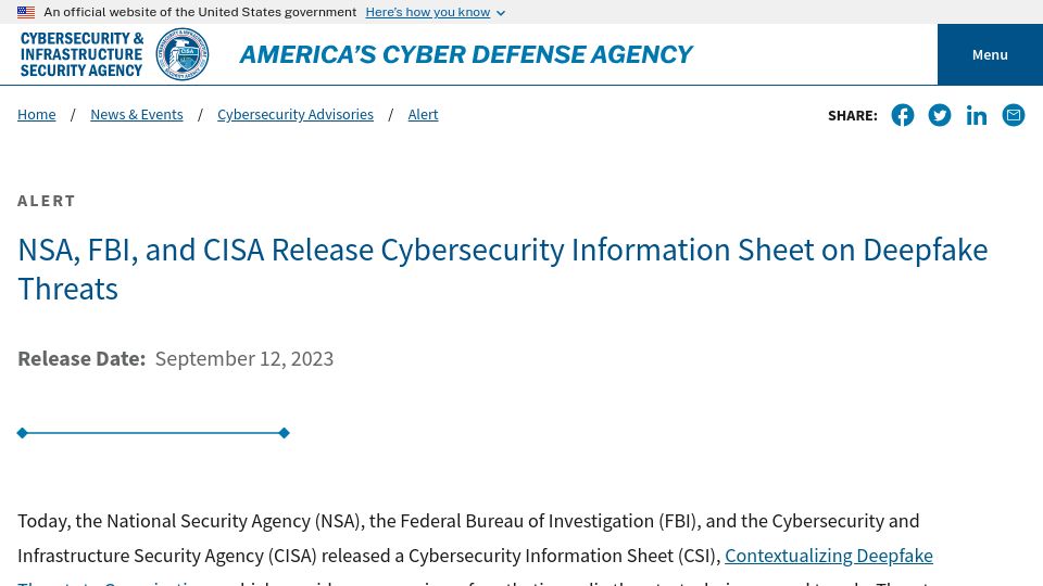 Screenshot of cisa.gov: NSA, FBI, and CISA Release Cybersecurity Information Sheet on Deepfake Threats