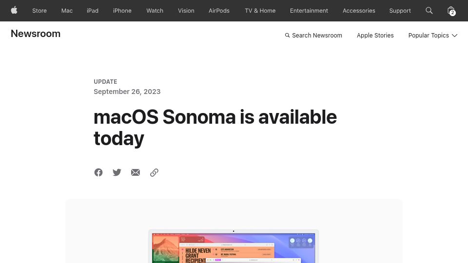 Screenshot of apple.com: macOS Sonoma is available today