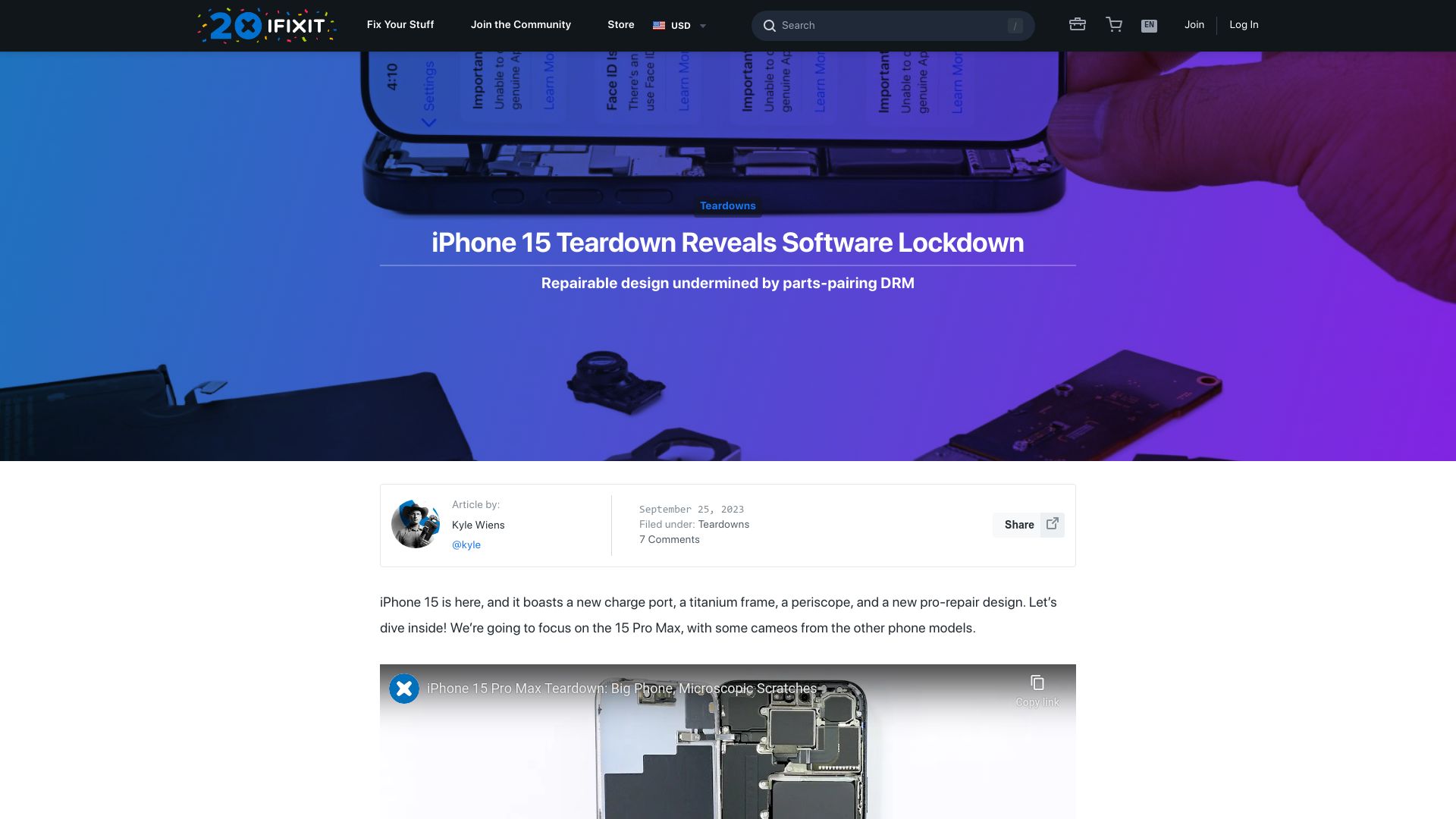Screenshot of ifixit.com: iPhone 15 teardown reveals software lockdown