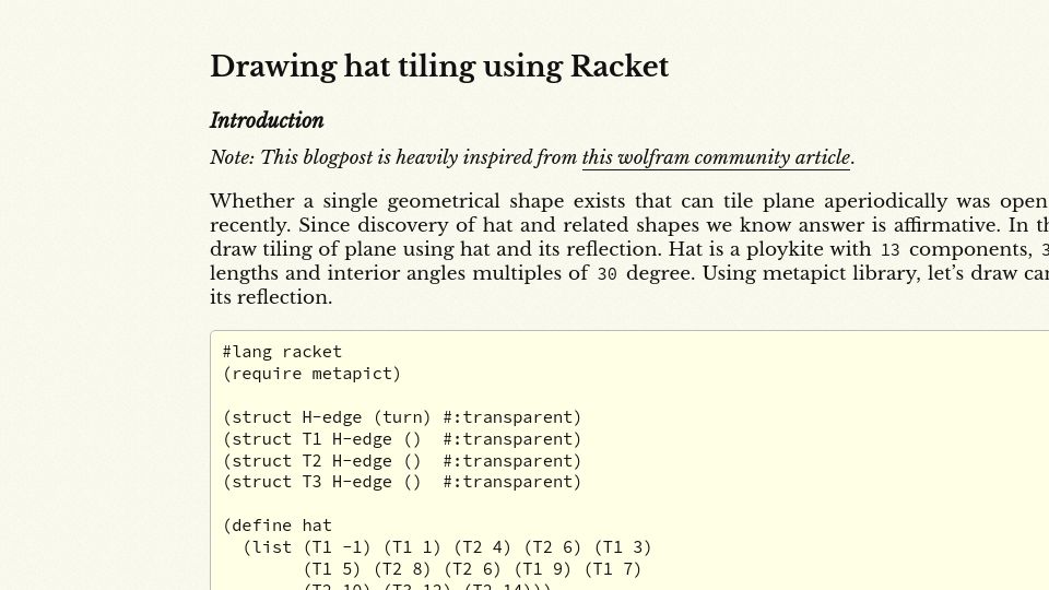 Screenshot of rdivyanshu.github.io: Drawing hat tiling using Racket