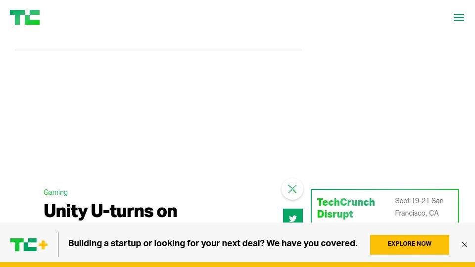 Screenshot of techcrunch.com: Unity U-turns on controversial runtime fee and begs forgiveness
