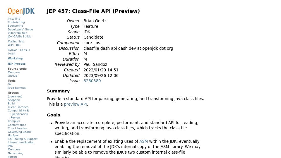 Screenshot of openjdk.org: JEP 457: Class-File API for Parsing, generating, transforming Java classfiles