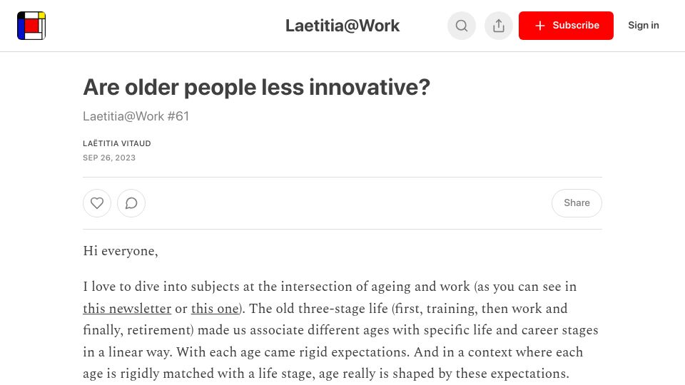 Screenshot of laetitiaatwork.substack.com: Are older people less innovative?