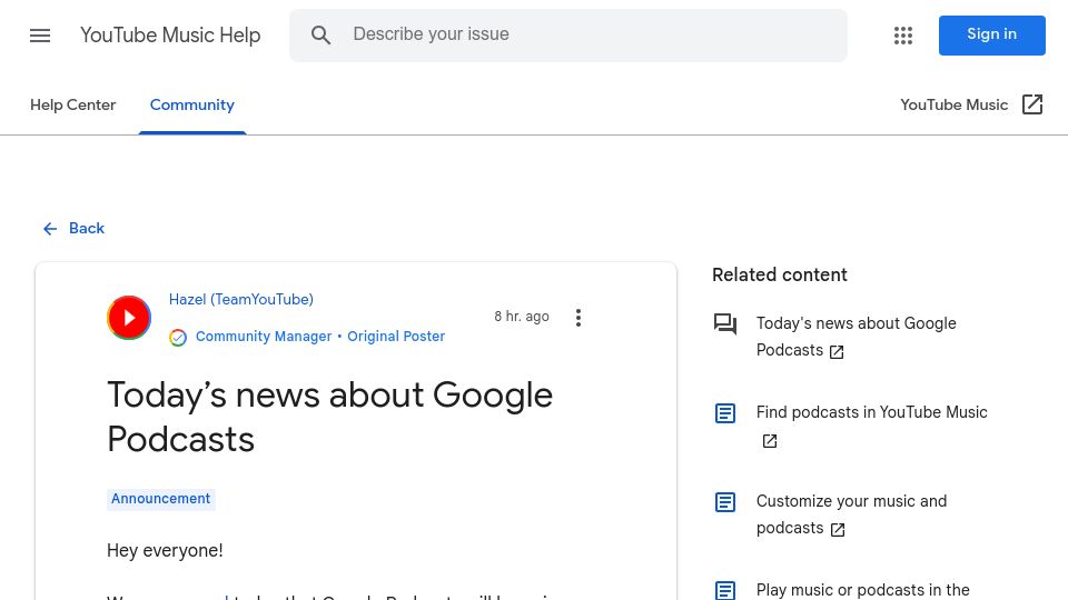 Screenshot of support.google.com: Google Podcasts is going away