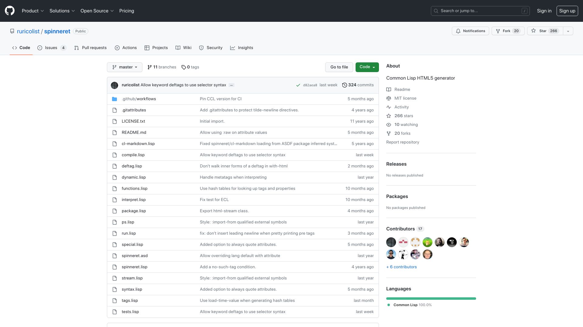 Screenshot of github.com: Spinneret: A modern Common Lisp HTML generator