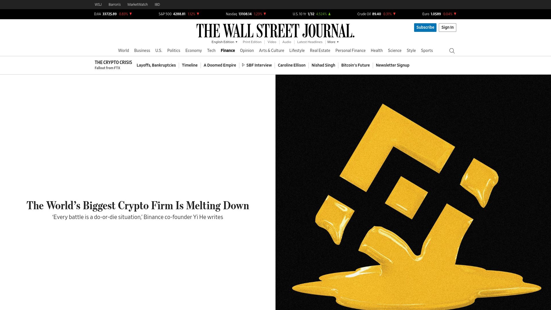 Screenshot of wsj.com: Binance is under threat