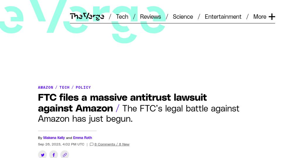 Screenshot of theverge.com: FTC files an antitrust lawsuit against Amazon