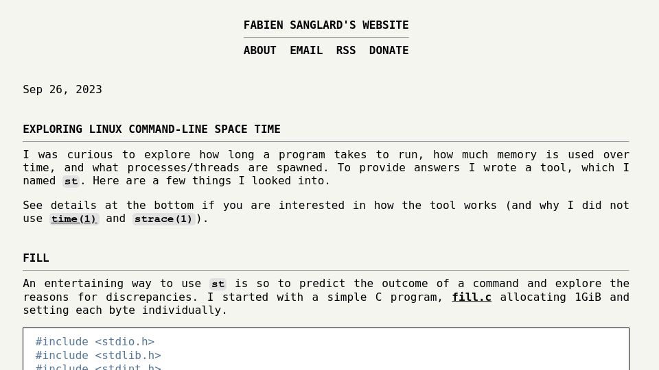 Screenshot of fabiensanglard.net: Exploring Linux command-line space time