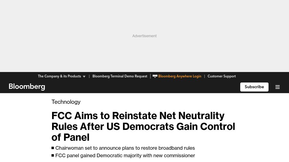 Screenshot of bloomberg.com: FCC aims to reinstate net neutrality after us Democrats gain control of panel