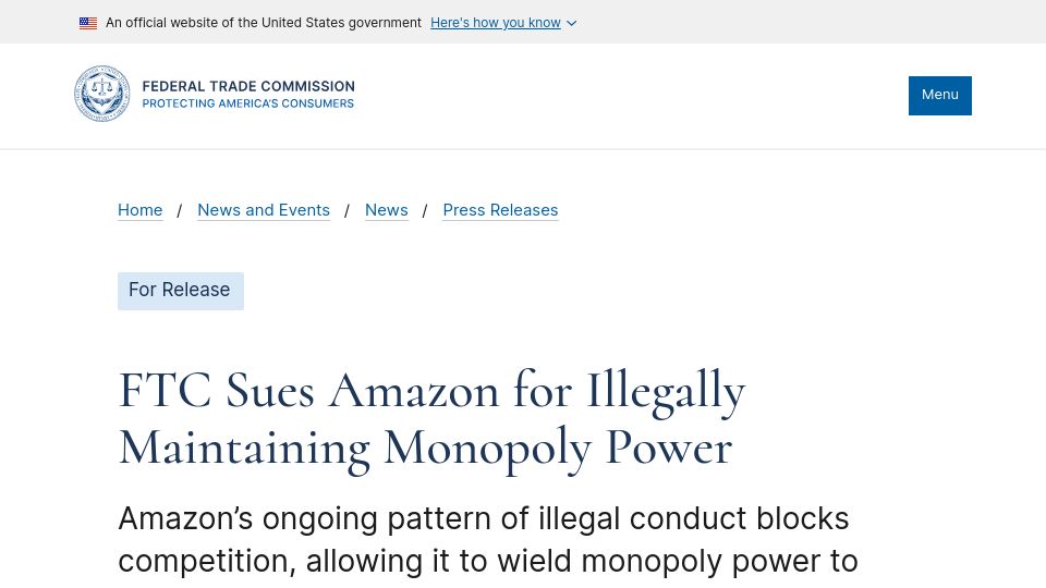 Screenshot of ftc.gov: FTC sues Amazon for illegally maintaining monopoly power