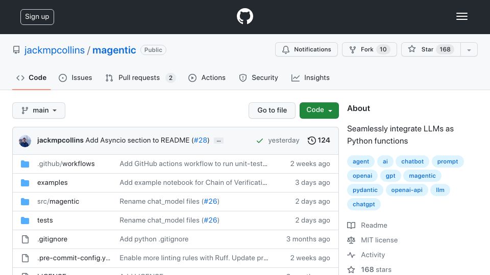 Screenshot of github.com: Show HN: Magentic – Use LLMs as simple Python functions