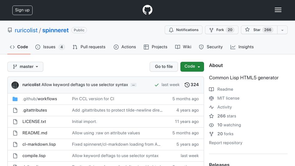 Screenshot of github.com: Spinneret: A modern Common Lisp HTML generator