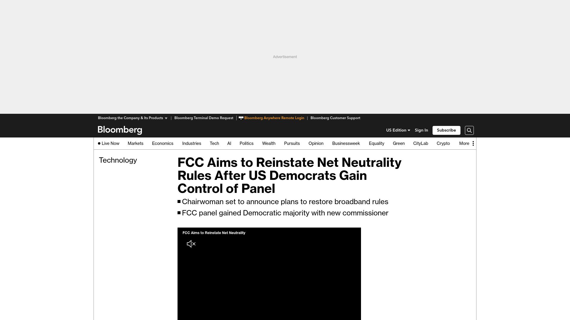 Screenshot of bloomberg.com: FCC aims to reinstate net neutrality after us Democrats gain control of panel