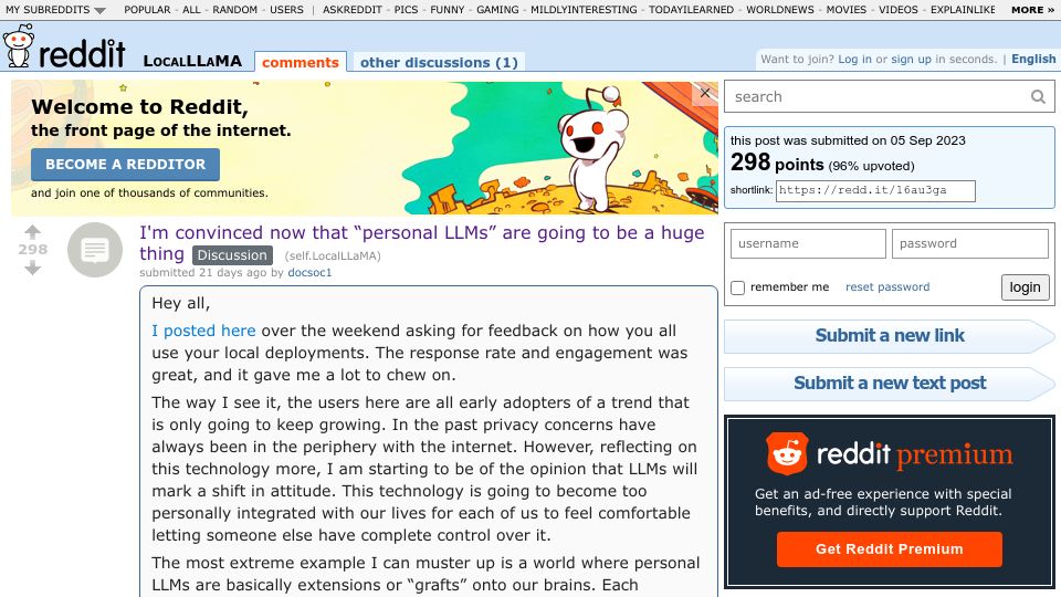 Screenshot of old.reddit.com: I'm convinced now that “personal LLMs” are going to be a huge thing