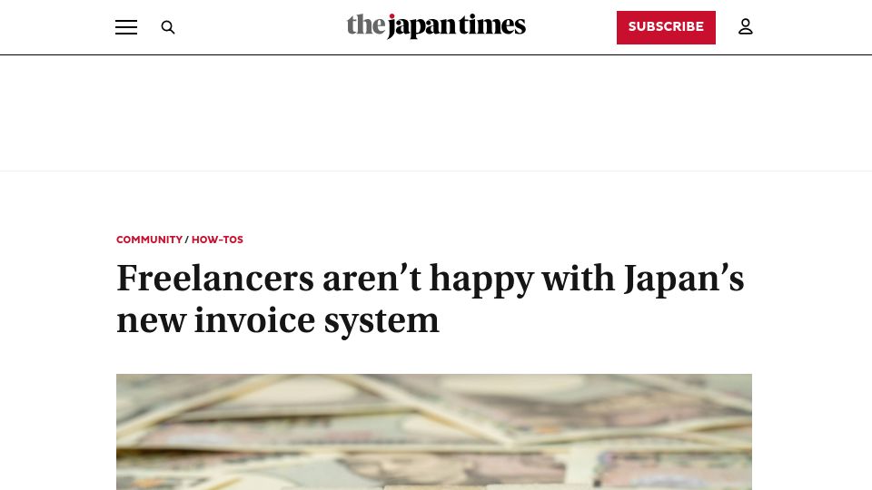 Screenshot of japantimes.co.jp: Freelancers aren’t happy with Japan’s new invoice system