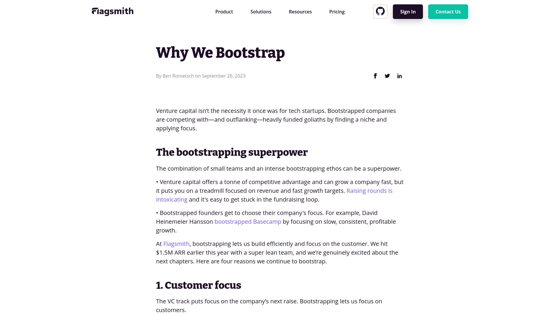 Screenshot of flagsmith.com: Why we bootstrap