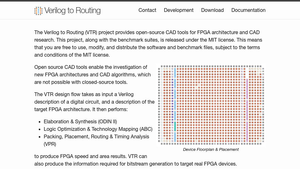 Screenshot of verilogtorouting.org: Verilog to Routing
