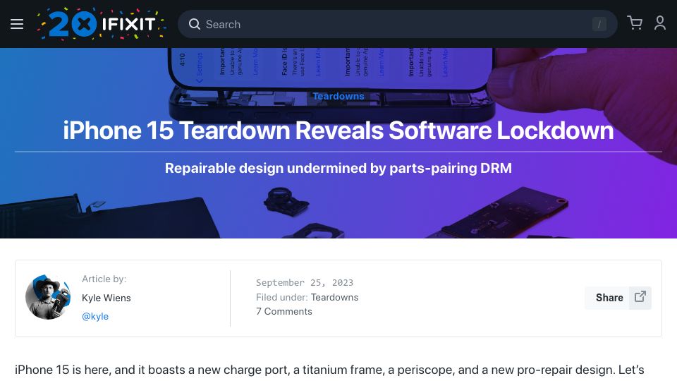 Screenshot of ifixit.com: iPhone 15 teardown reveals software lockdown