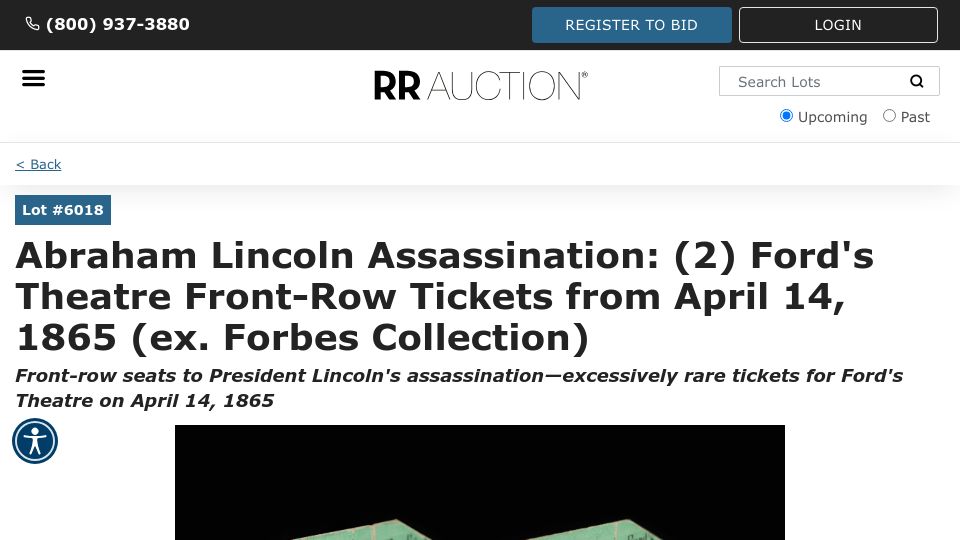Screenshot of rrauction.com: Ford's Theatre Front-Row Tickets from April 14, 1865