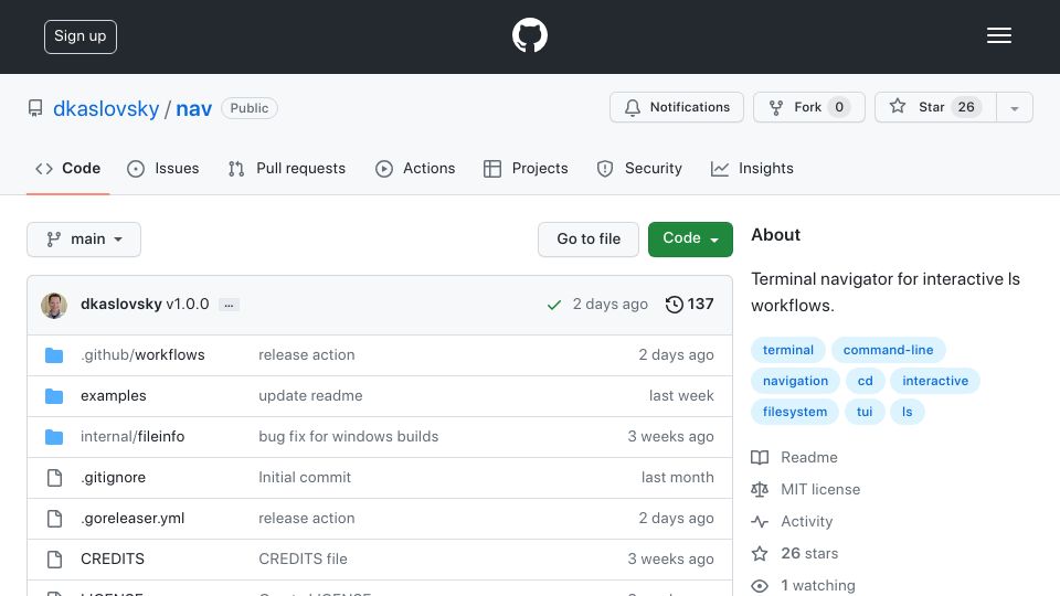 Screenshot of github.com: Show HN: Nav – A terminal navigator for interactive `ls` workflows