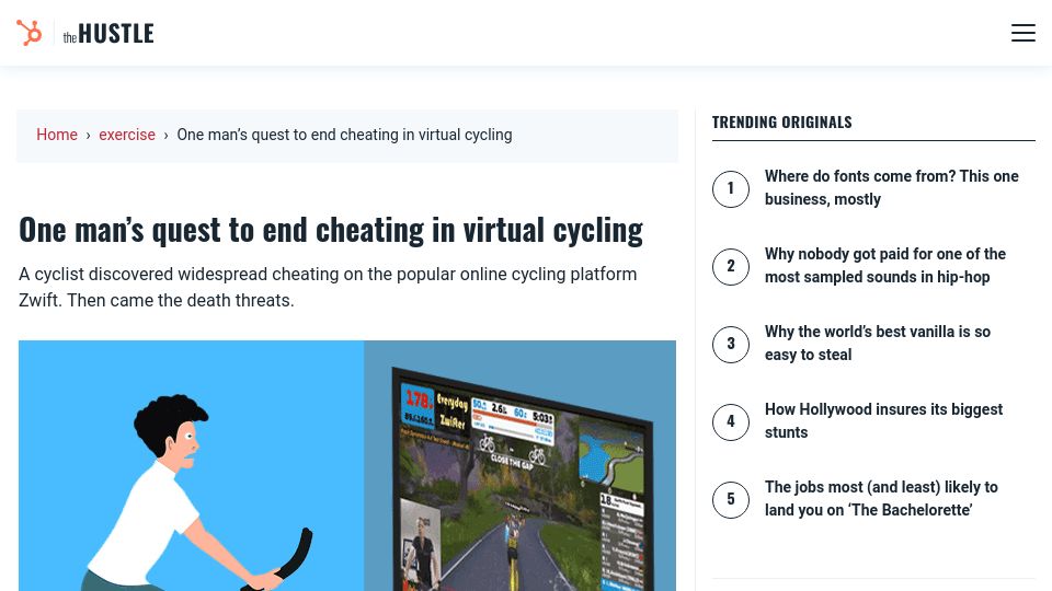 Screenshot of thehustle.co: One man’s quest to end cheating in virtual cycling