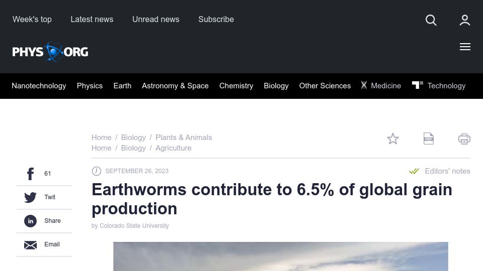 Screenshot of phys.org: Earthworms contribute to 6.5% of global grain production
