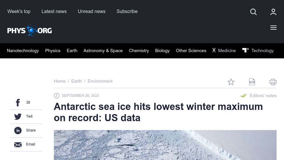Screenshot of phys.org: Antarctic sea ice hits lowest winter maximum on record: US data