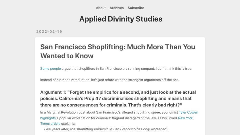 Screenshot of applieddivinitystudies.com: San Francisco Shoplifting: Much More Than You Wanted to Know (2022)