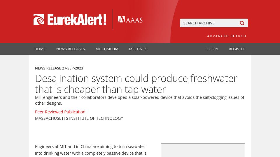 Screenshot of eurekalert.org: Desalination system could produce fresh water that is cheaper than tap water